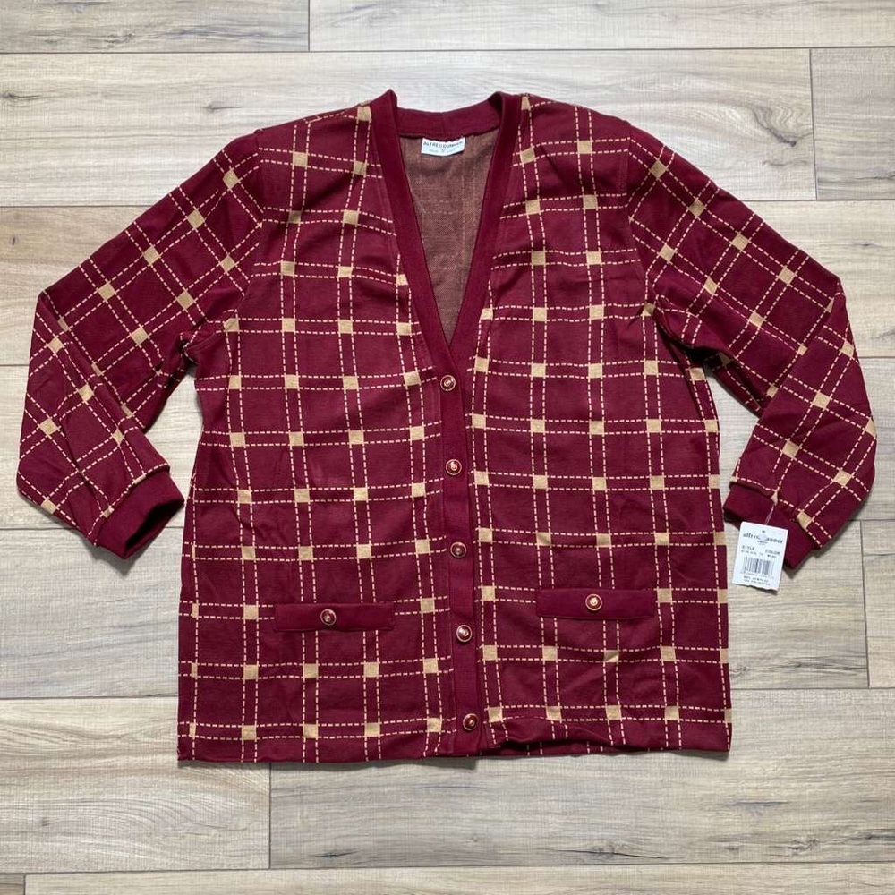 Alfred Dunner Womens Vintage Cardigan Sweater Check‎ Pattern Size Large Wine